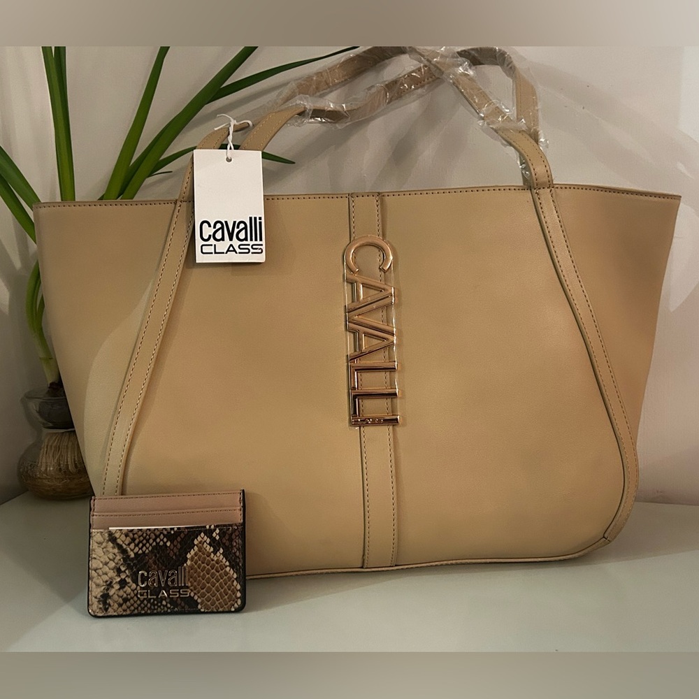 Bundle Cavalli Class Sandra Shopper Almond Tote & Python Card Wallet $146
